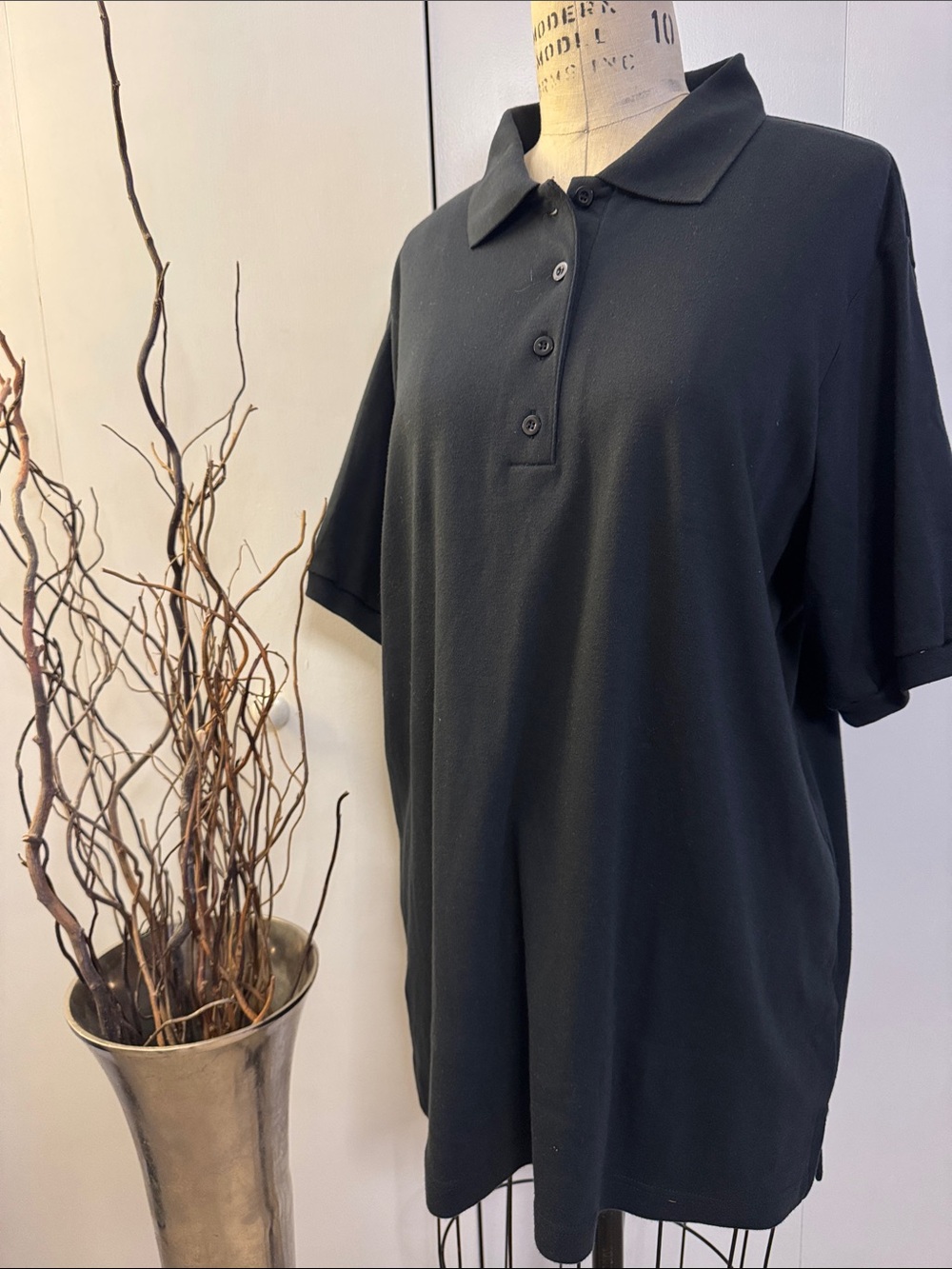Woman Within Black Polo Shirt - Short Sleeve Button Placket